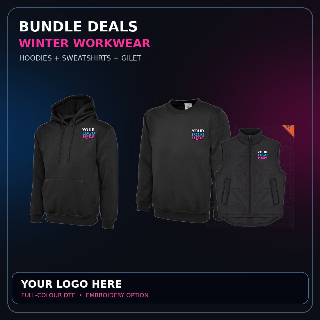 Uneek garments with correctly positioned YOUR LOGO HERE artwork in white blue and pink