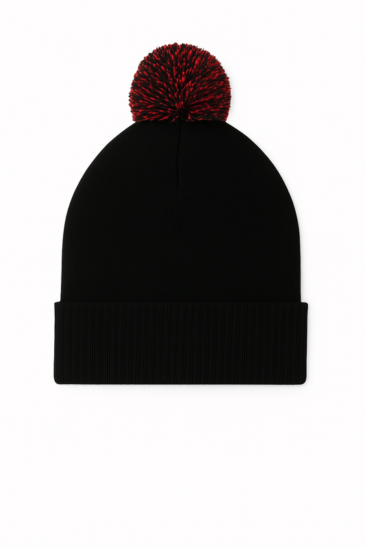 Pom Pom Beanie in Black/Red