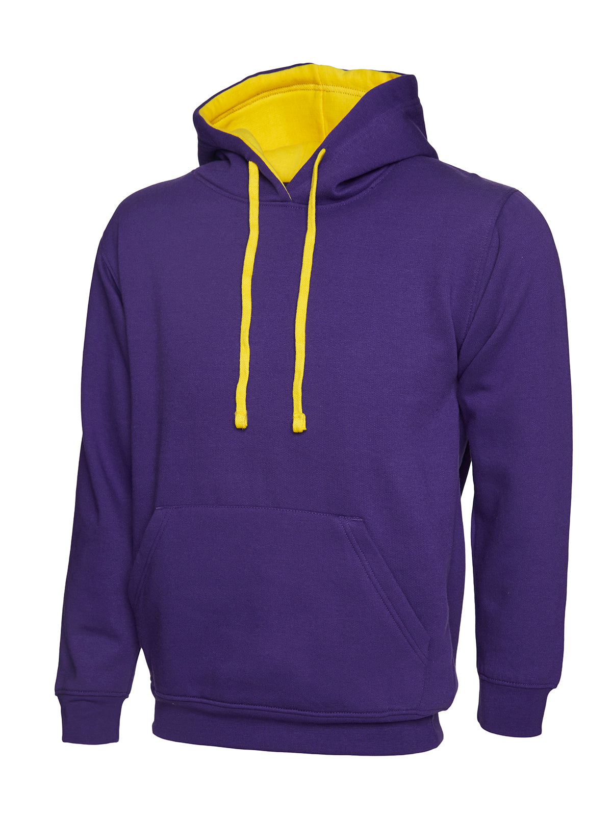 Official Uneek UC507 Contrast Hooded Sweatshirt, Purple/Yellow