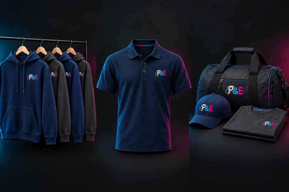 P&E-branded clothing and teamwear collage