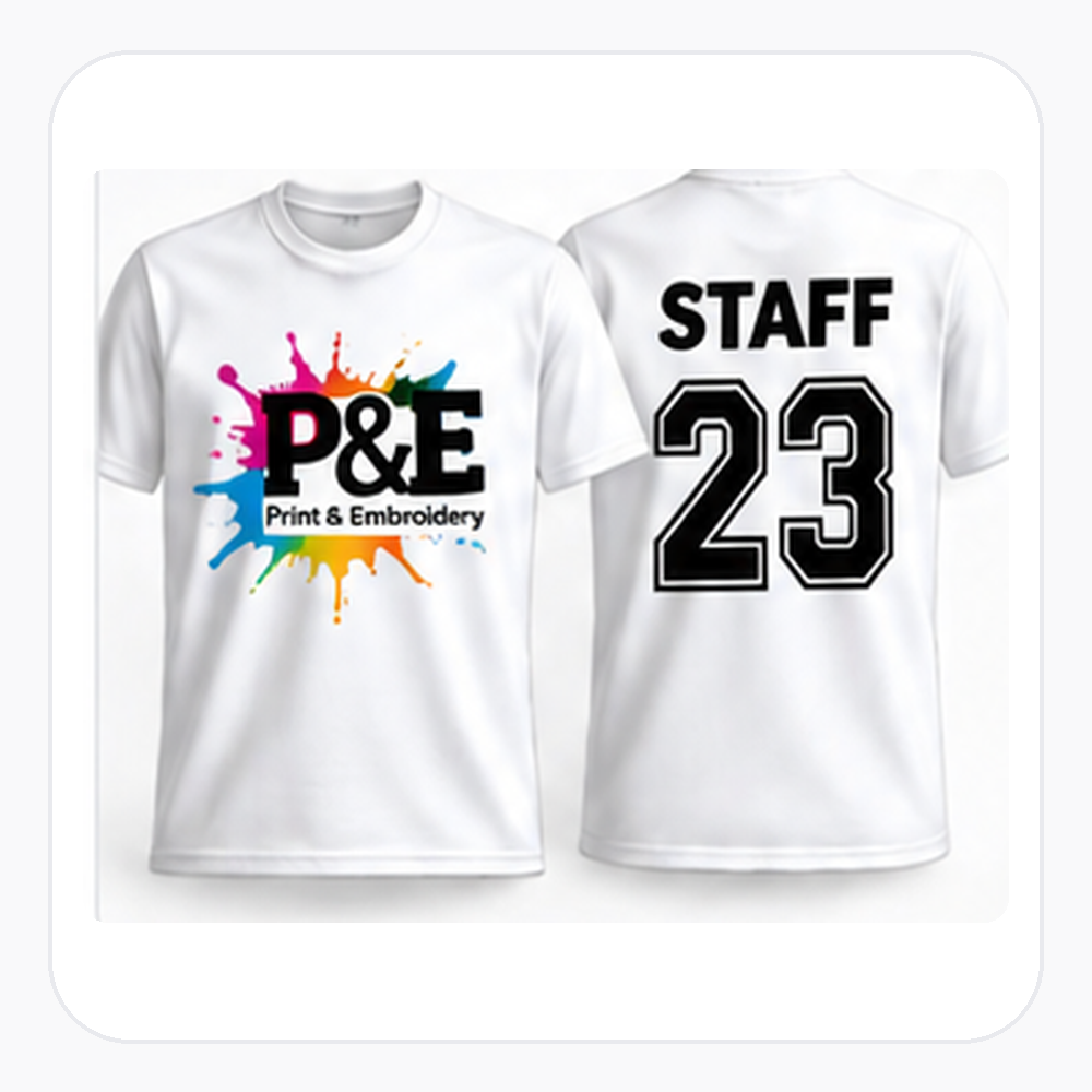 Illustrative personalised T-shirt showing front and back prints. Your own design appears in the proof links.