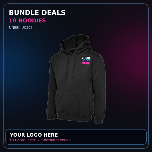 Uneek garments with correctly positioned YOUR LOGO HERE artwork in white blue and pink