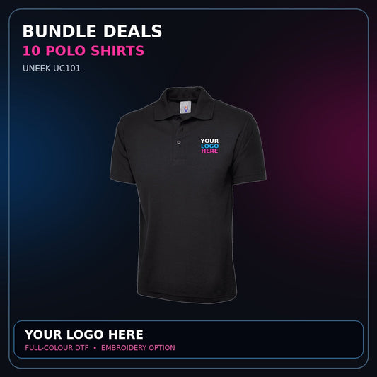 Uneek garments with correctly positioned YOUR LOGO HERE artwork in white blue and pink
