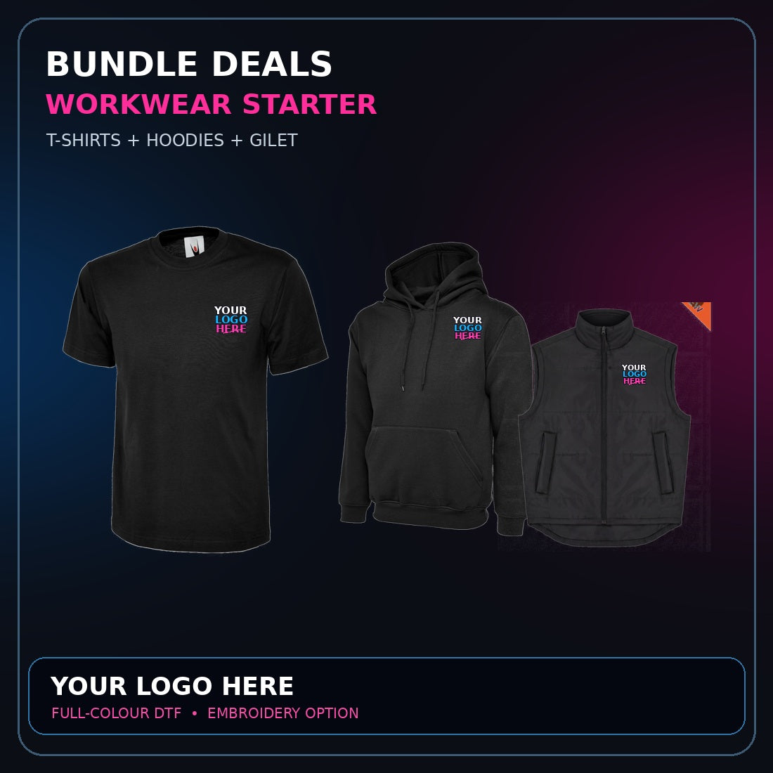 Uneek garments with correctly positioned YOUR LOGO HERE artwork in white blue and pink