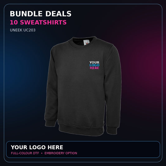Uneek garments with correctly positioned YOUR LOGO HERE artwork in white blue and pink