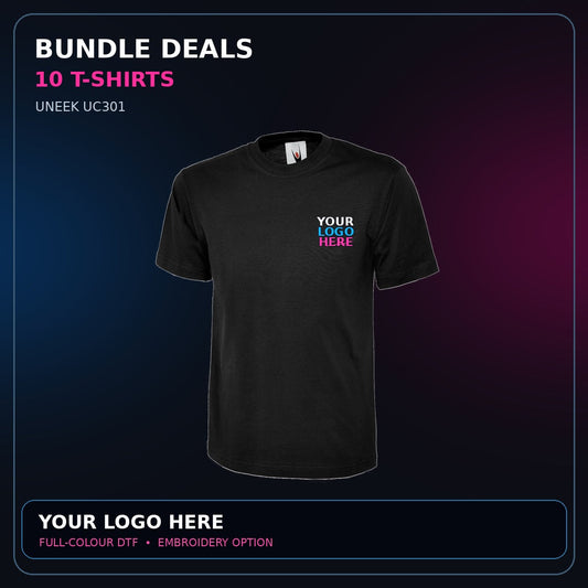Uneek garments with correctly positioned YOUR LOGO HERE artwork in white blue and pink