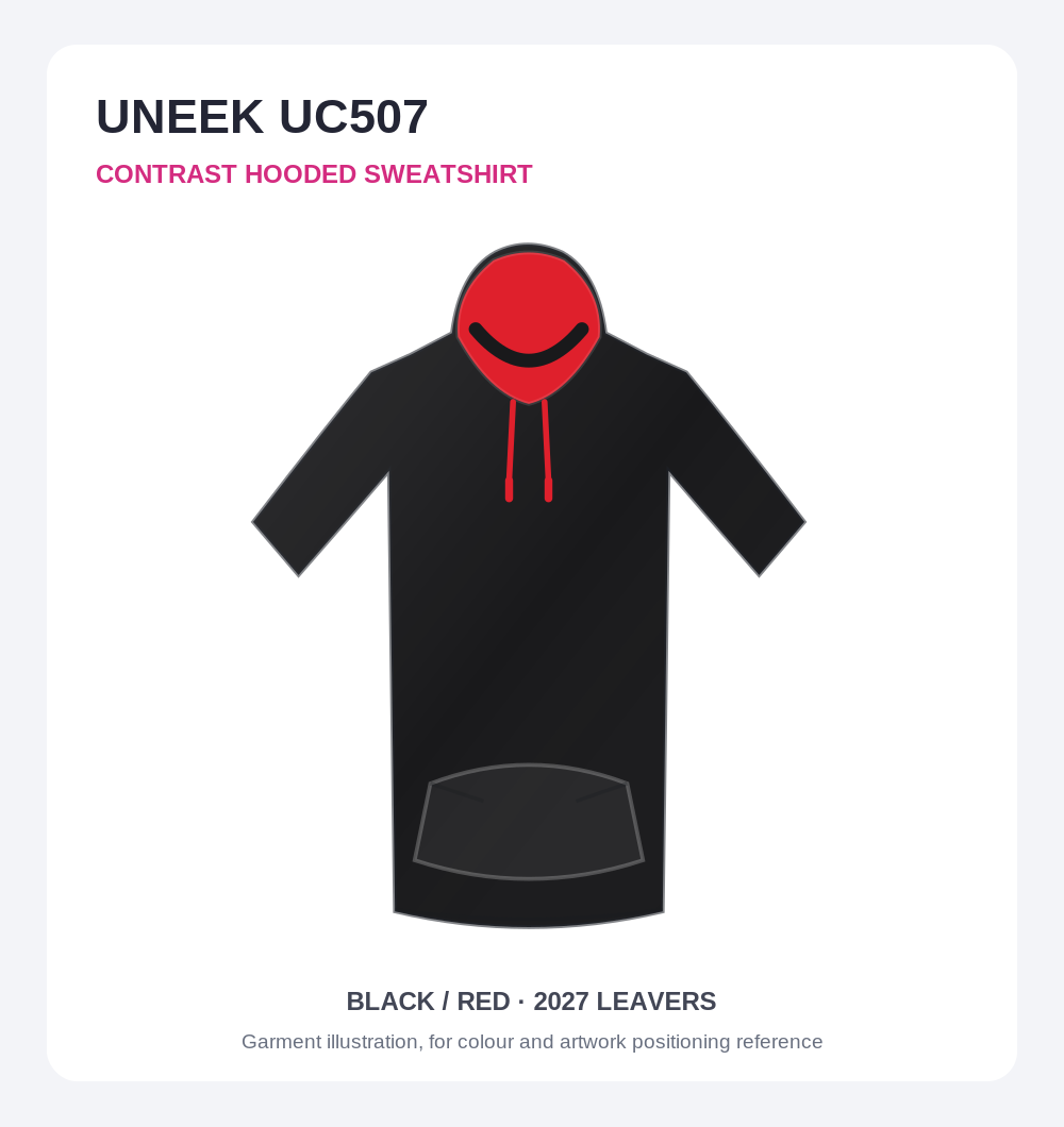Illustrative decoration example: embroidered school crest on left breast and printed Class of 2027 design on back; artwork and placement indicative only